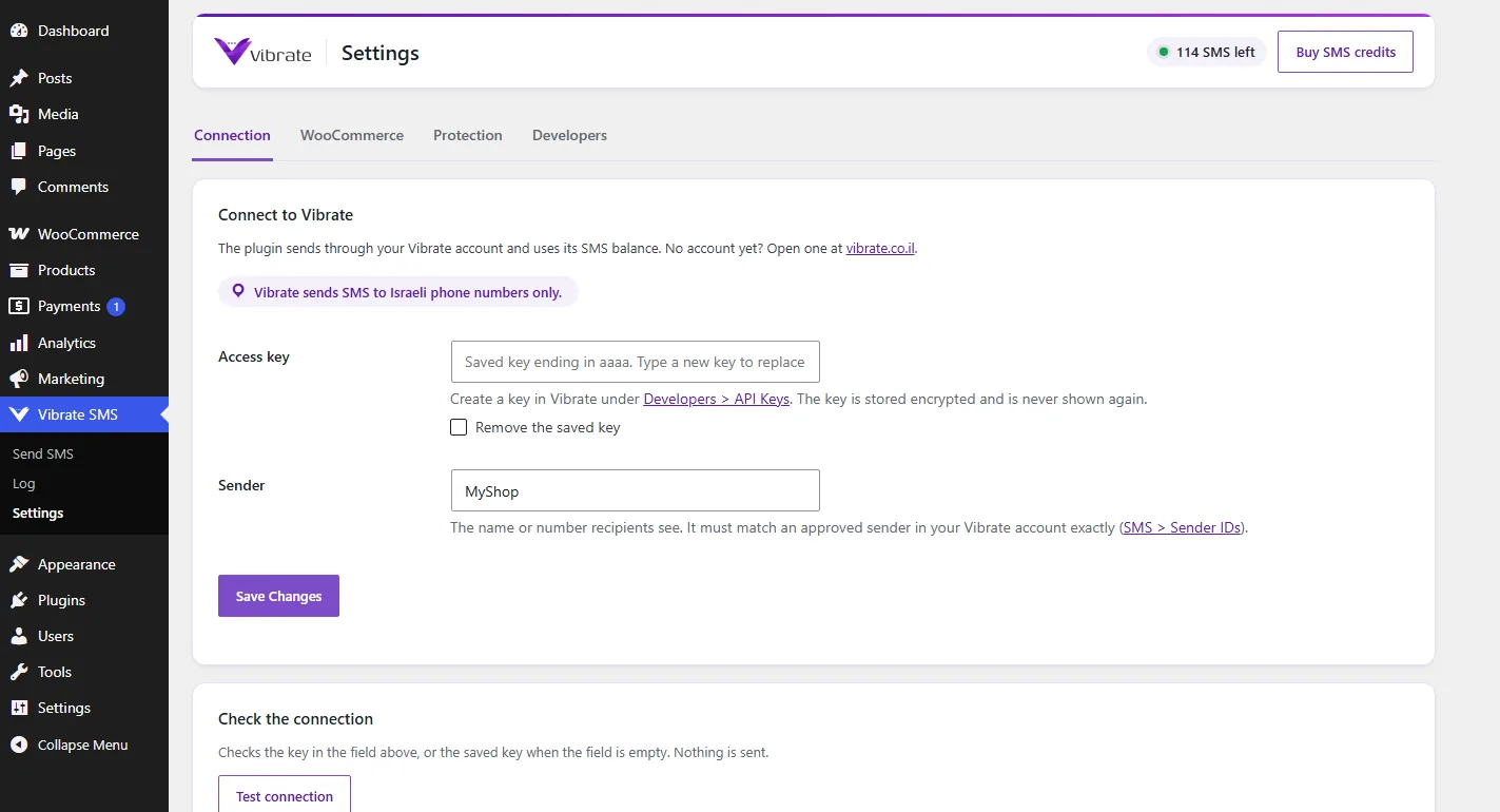 The plugin's connection screen: an encrypted access key and a sender ID from the Vibrate account