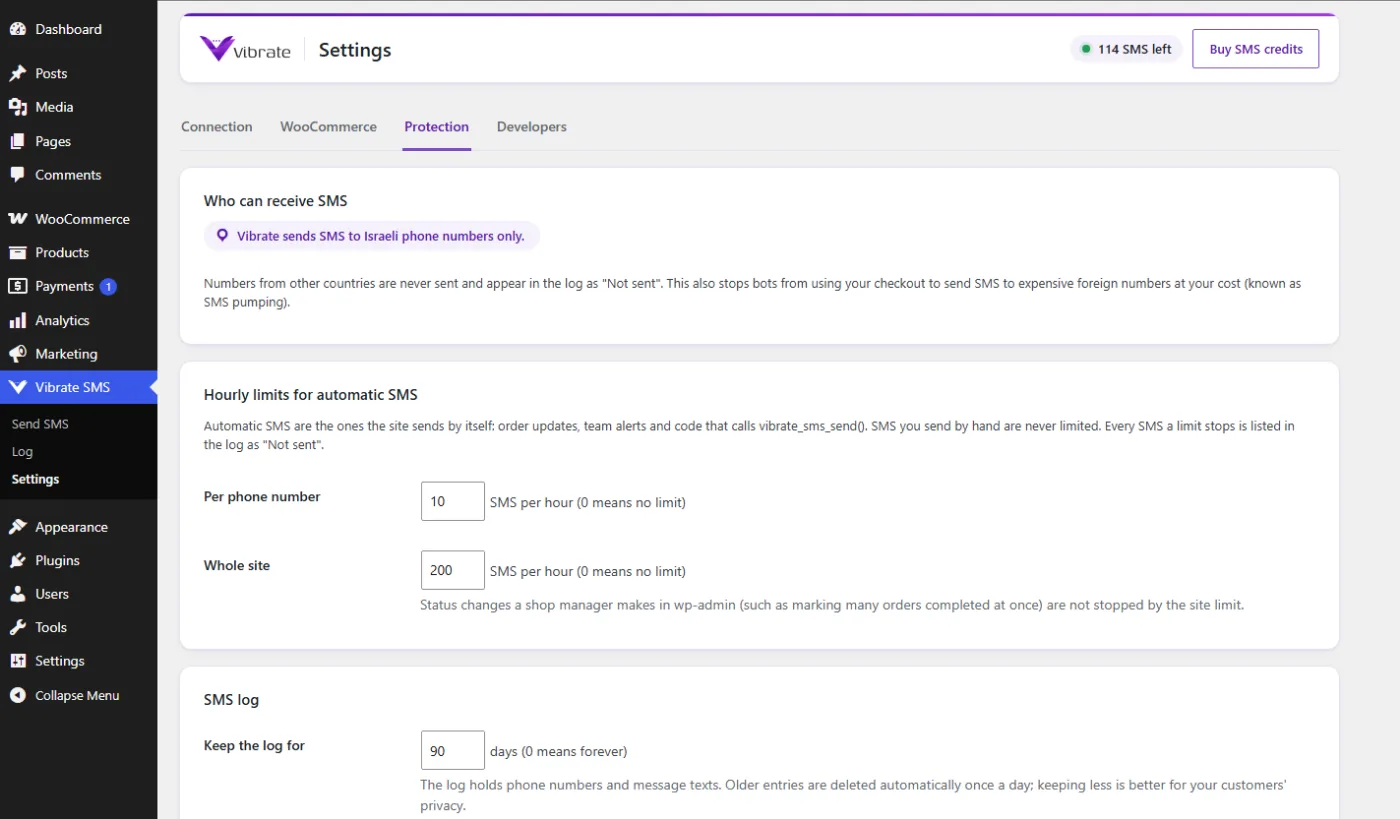 The plugin's protection screen: sending to Israeli phone numbers only, and hourly limits for automatic SMS