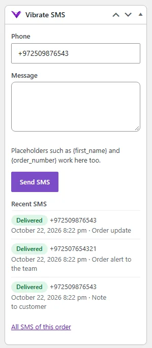 The Vibrate SMS box on a WooCommerce order screen, with sending to the customer and recent messages