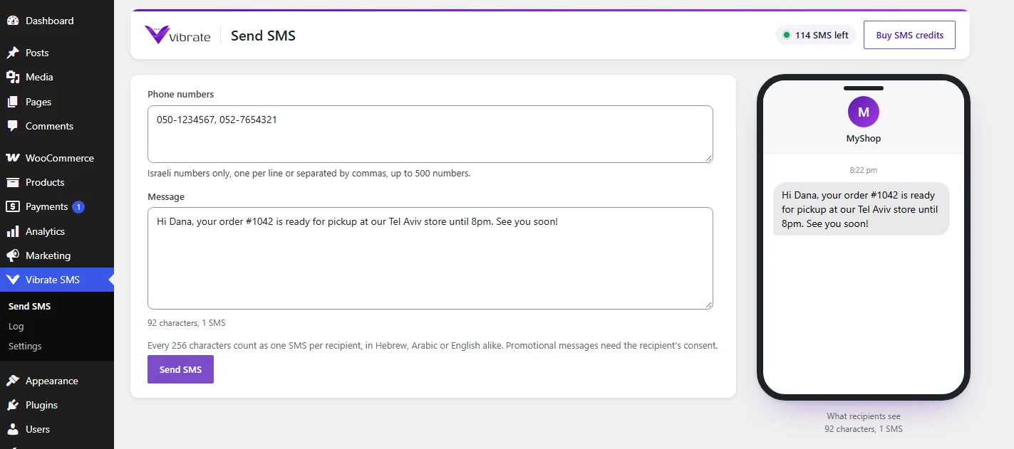 The Send SMS screen of the Vibrate SMS plugin for WordPress, with a phone preview of the message and the SMS balance at the top of the page