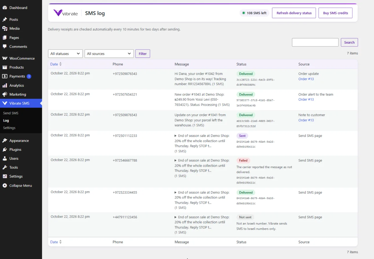 The plugin's SMS log: delivered, sent, failed and not sent messages, with the reason and a link to the order