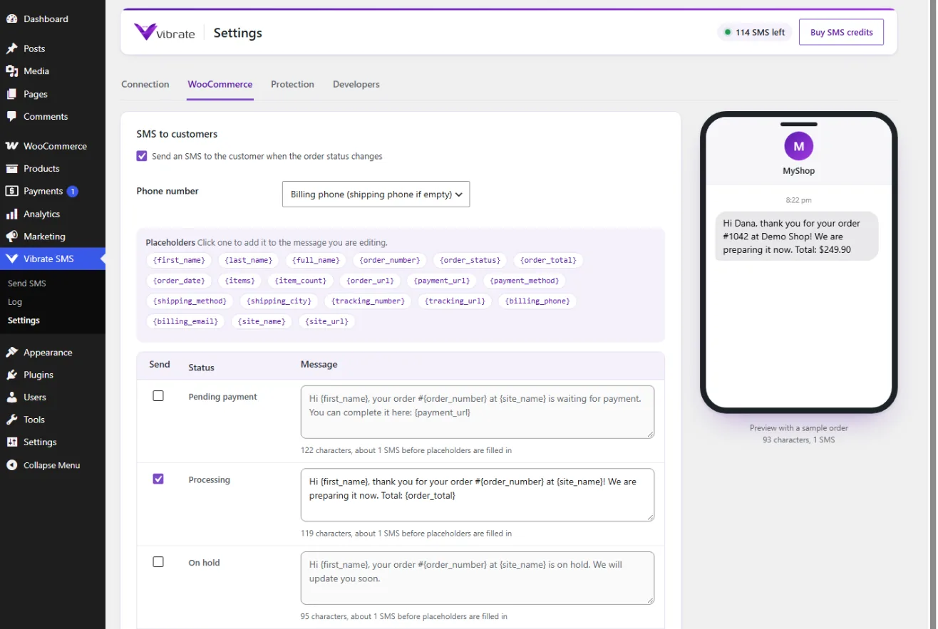 WooCommerce settings of the Vibrate SMS plugin: an SMS text per order status, placeholders and a preview with a sample order